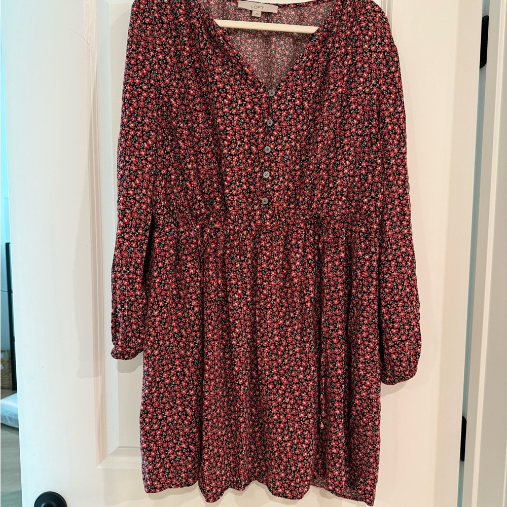 LOFT Black and Red Floral Button-Front Dress